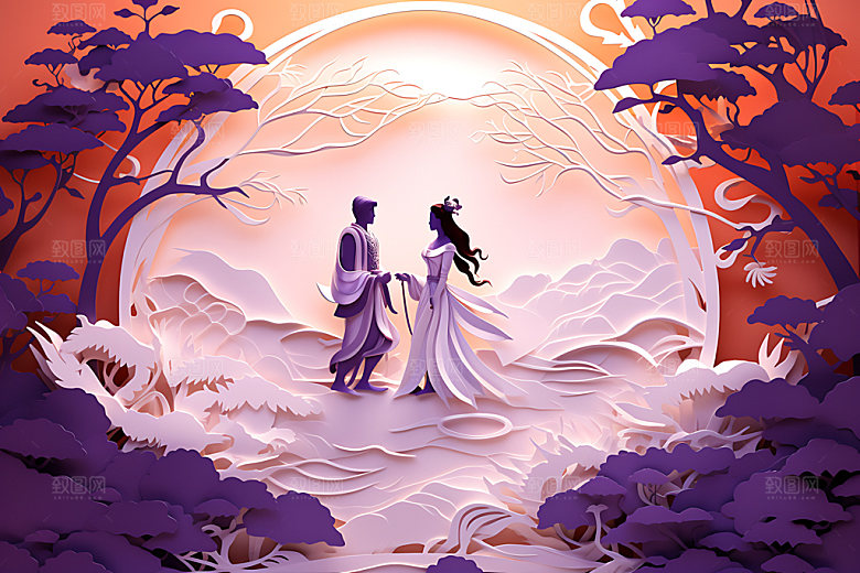 七夕爱情元素乞巧节剪纸风插画