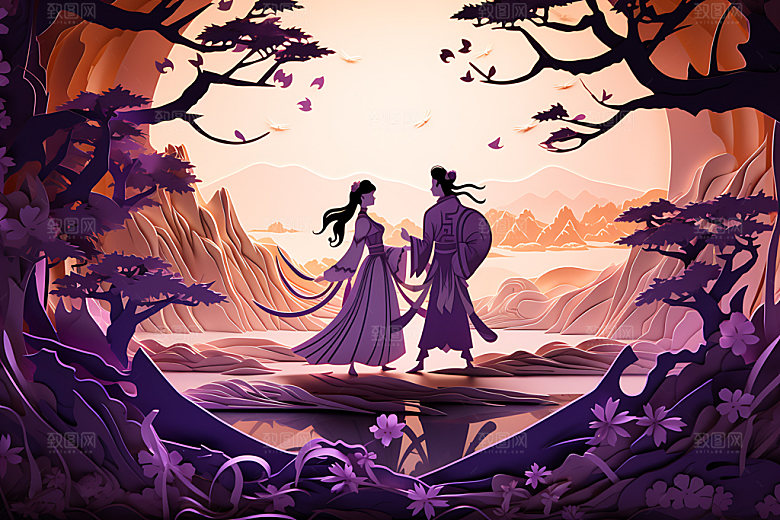 七夕牛郎织女中式剪纸风插画