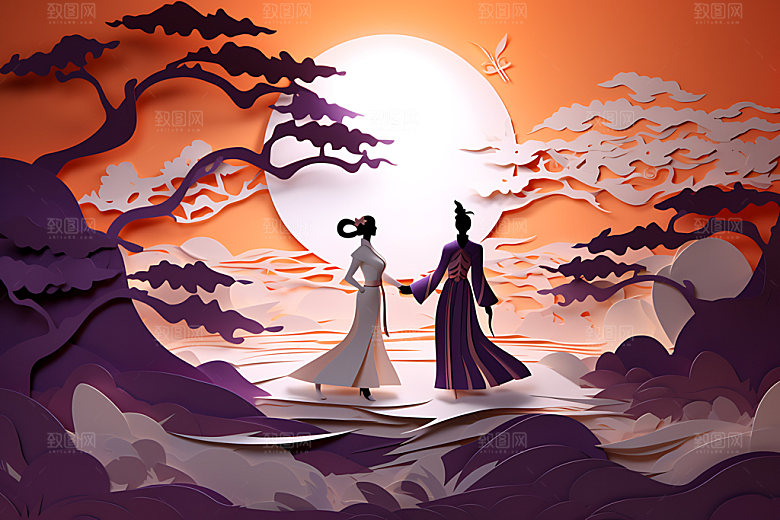 七夕情侣爱情元素剪纸风插画