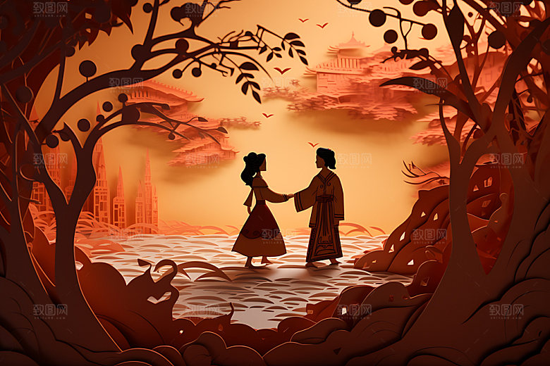 七夕中国风乞巧节剪纸风插画