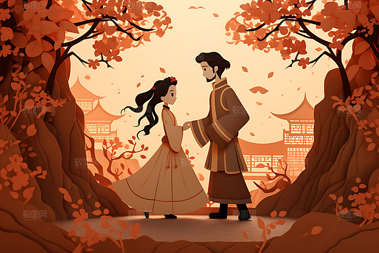 七夕中国传统牛郎织女剪纸风插画