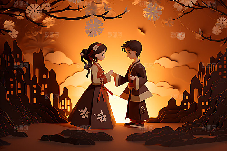 七夕中国情人节中国风剪纸风插画