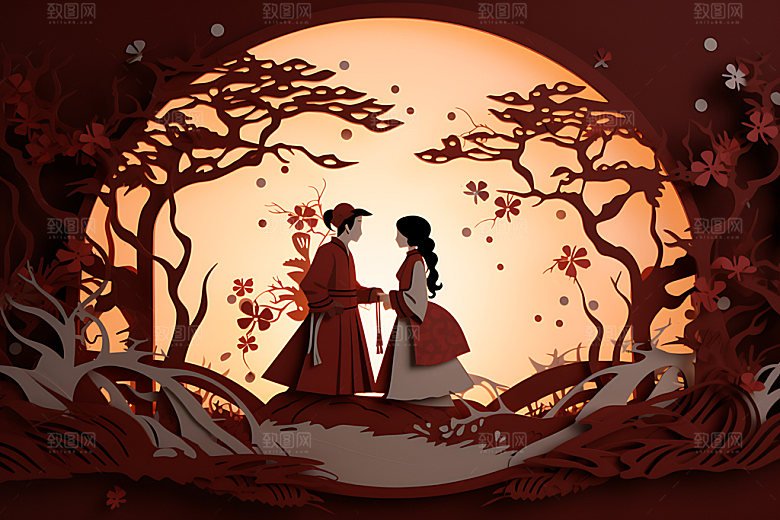 七夕中国传统中式剪纸风插画