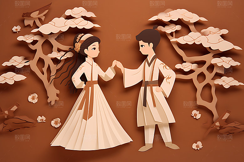 七夕中国情人节乞巧节剪纸风插画