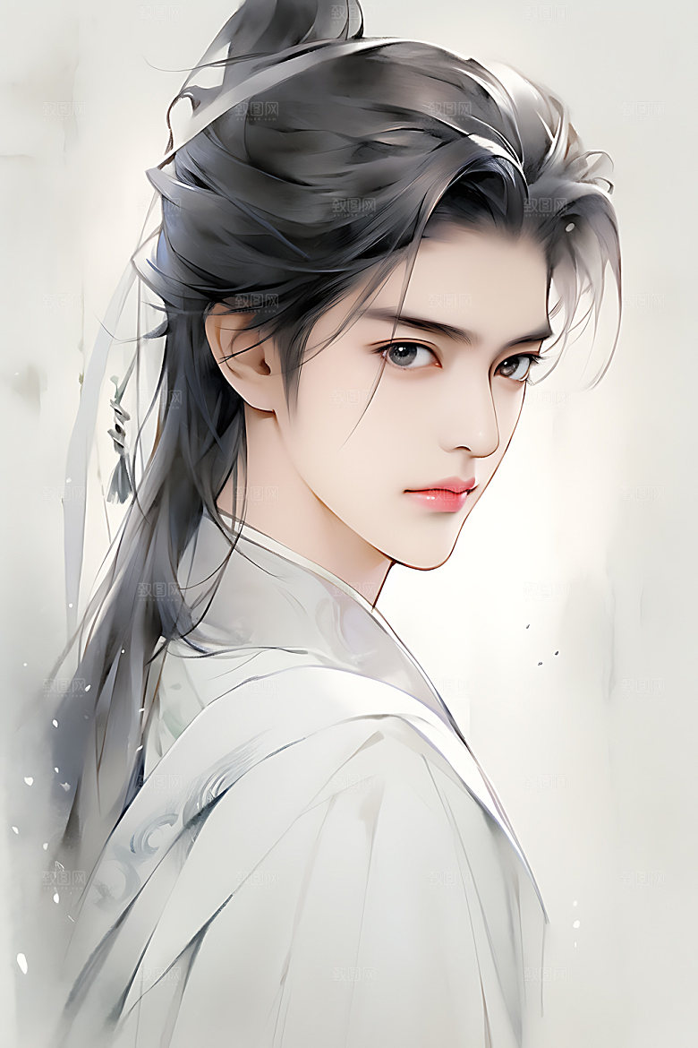 古风美少年汉服水墨插画
