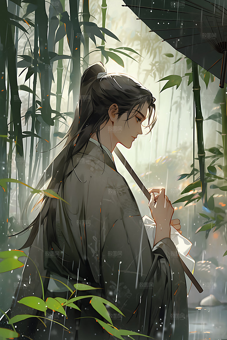 古风美少年水墨晕染插画