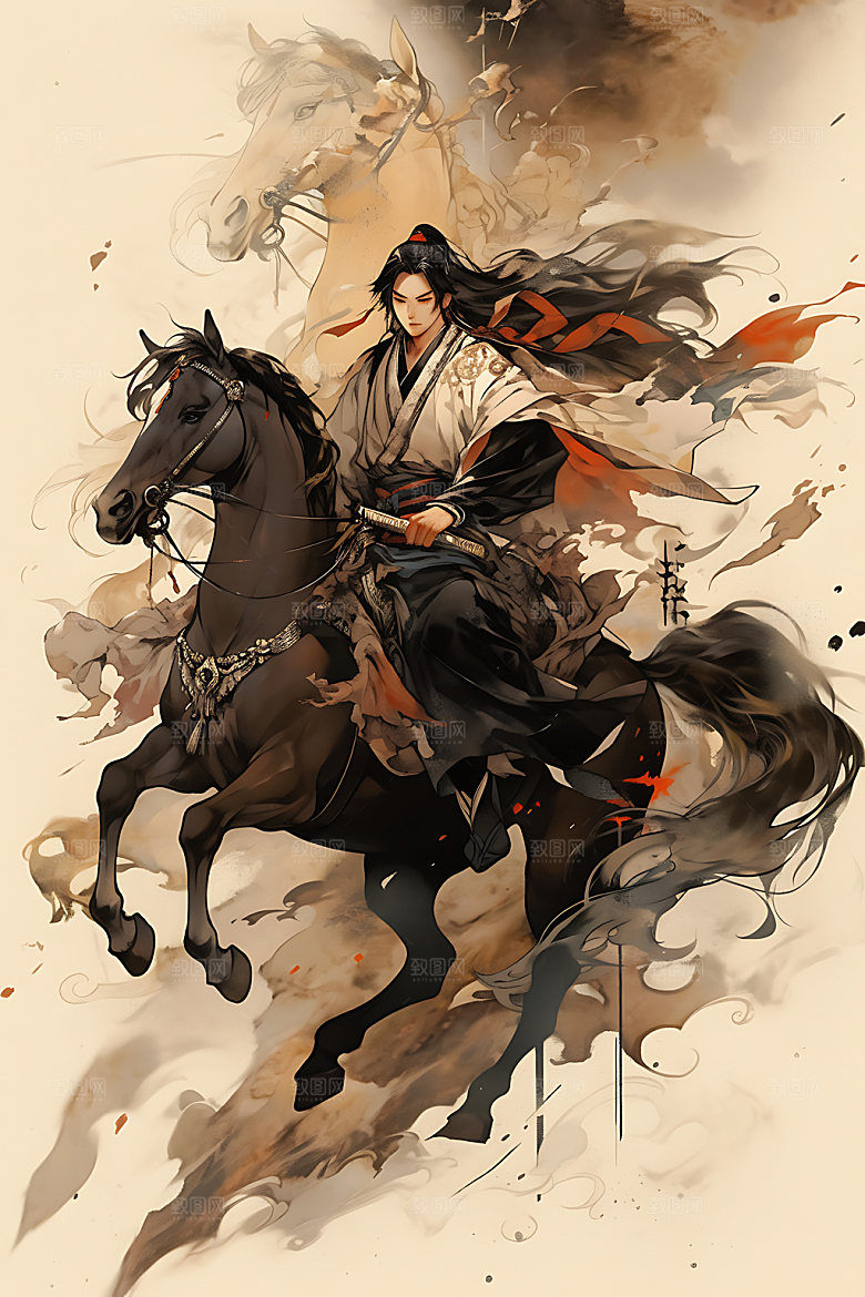 古风美少年中国风水墨插画