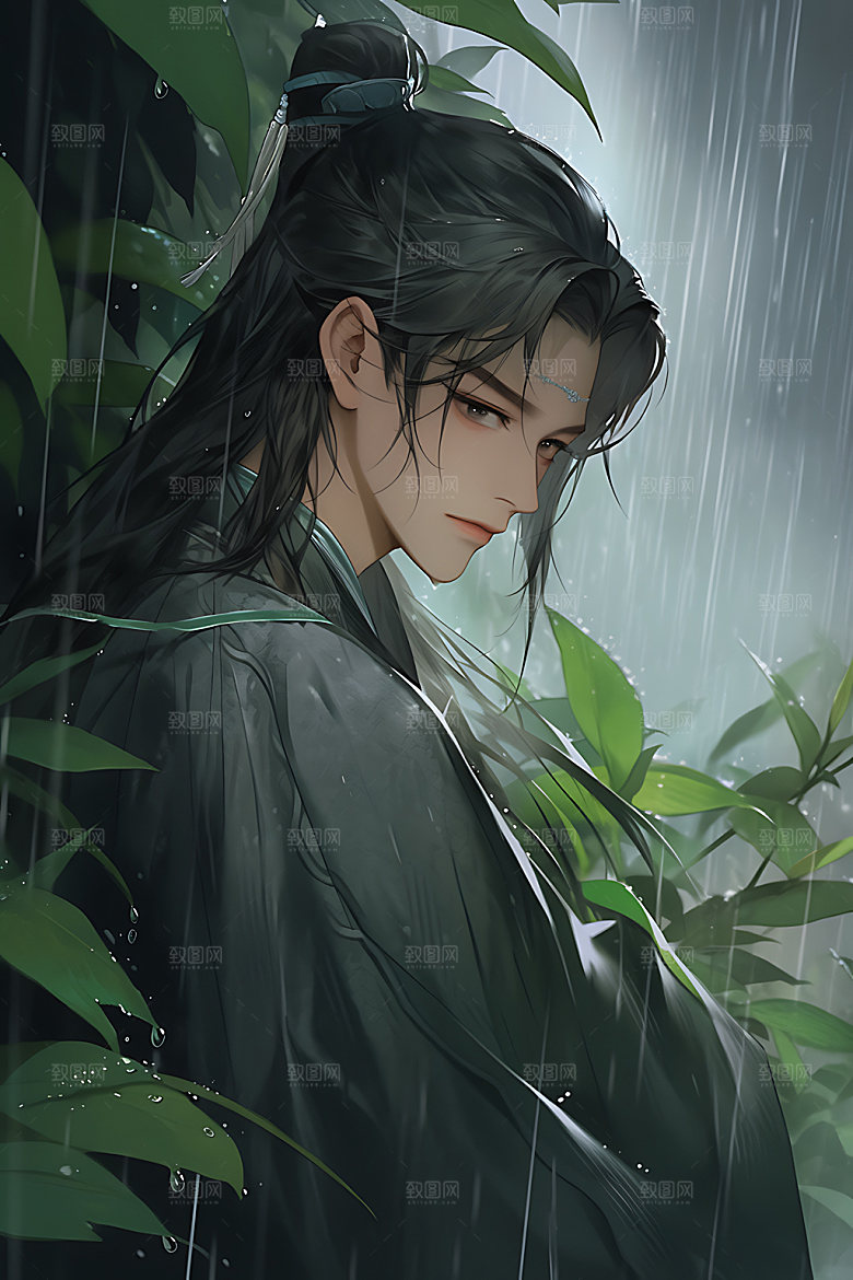 古风美少年中国风水墨插画