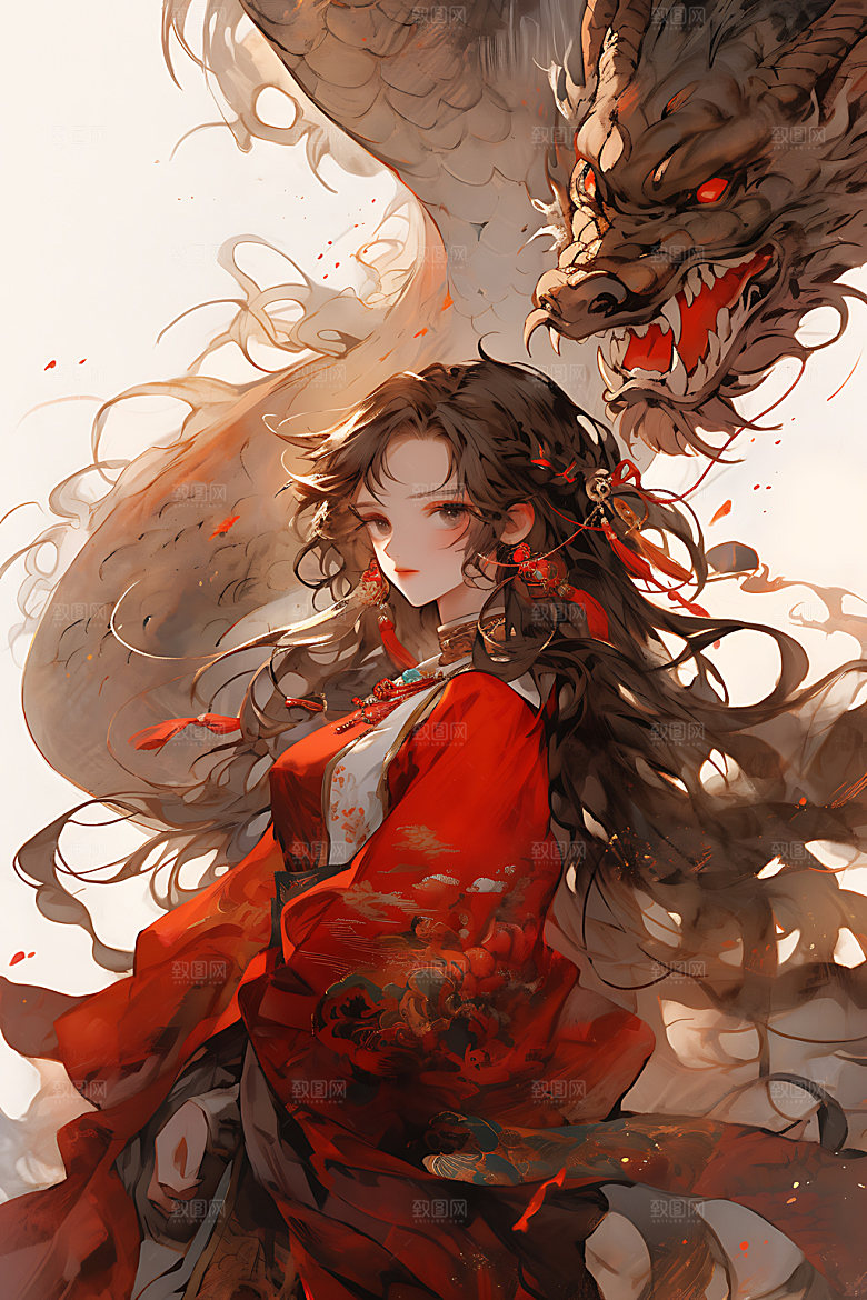 女孩和龙少女汉服插画
