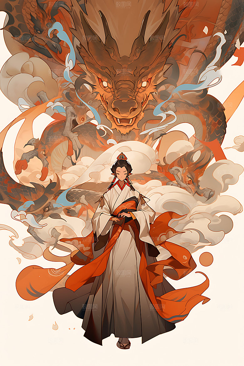 女孩和龙中国风汉服插画