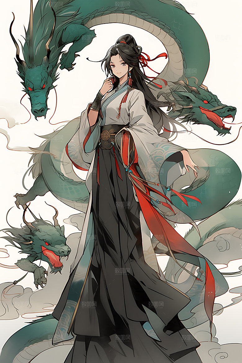 女孩和龙晕染古风插画
