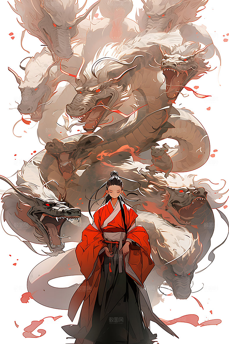 女孩和龙中国风晕染插画
