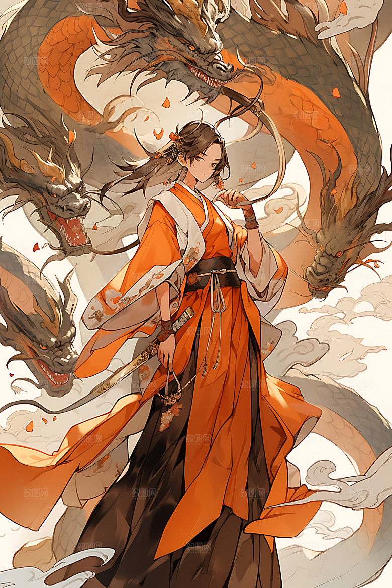 女孩和龙生肖人物插画