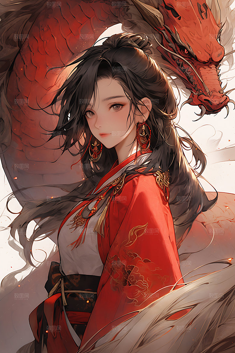 女孩和龙晕染水墨插画