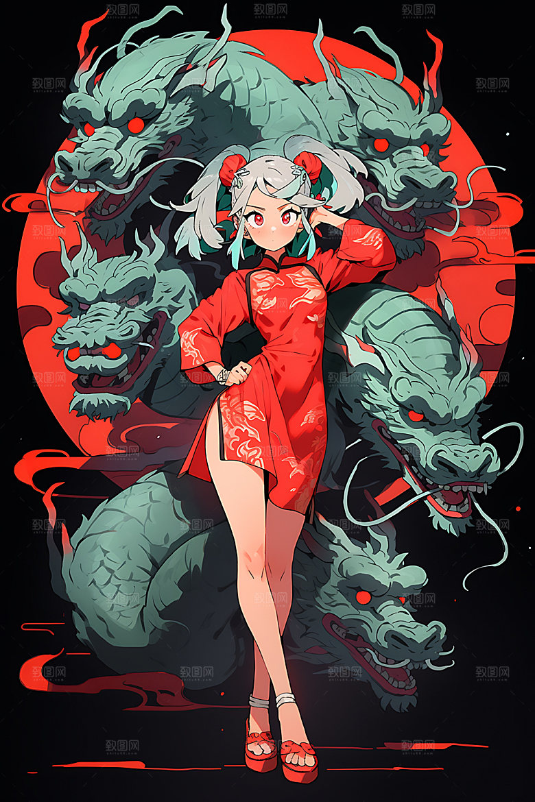 女孩和龙少女晕染插画