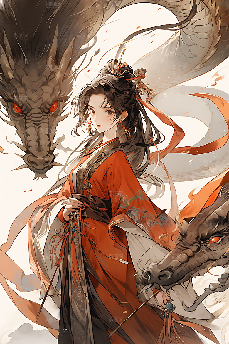 女孩和龙水墨生肖插画