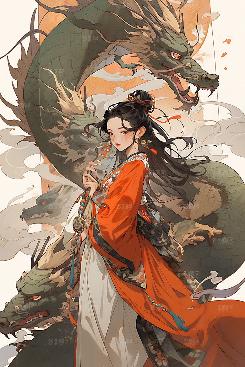 女孩和龙生肖中式插画