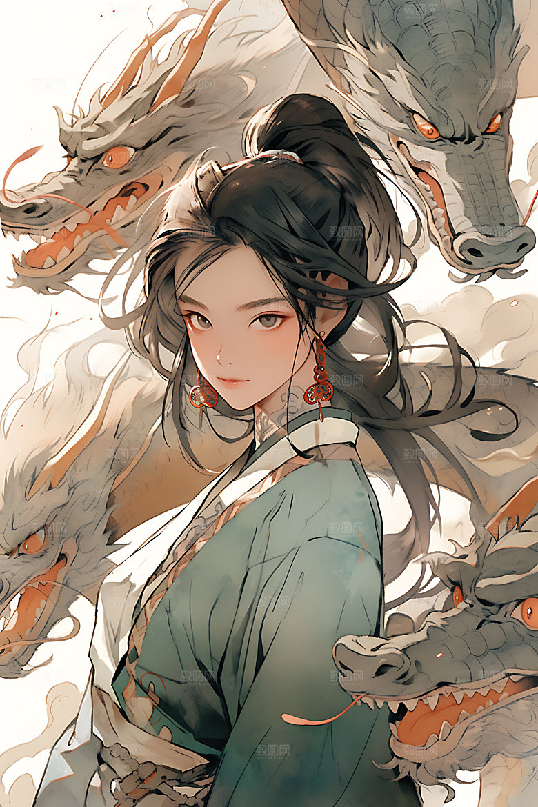 女孩和龙人物水墨插画