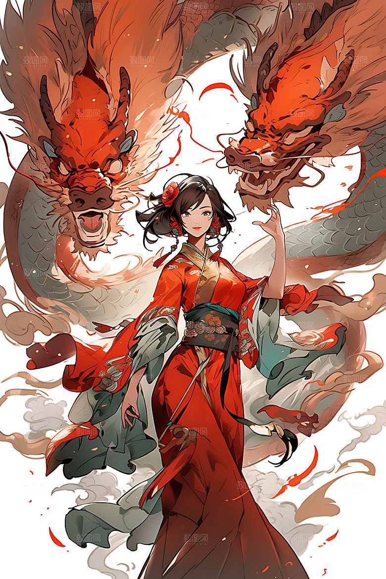 女孩和龙中国风晕染插画