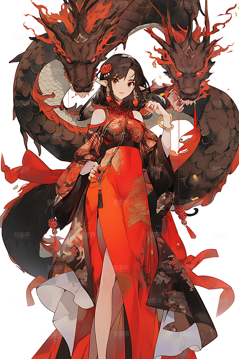 女孩和龙生肖中式插画