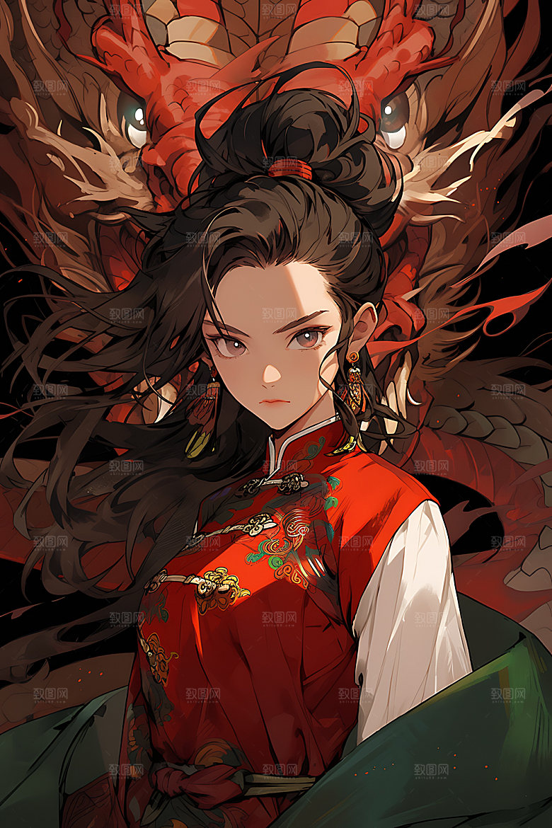 女孩和龙中国风汉服插画