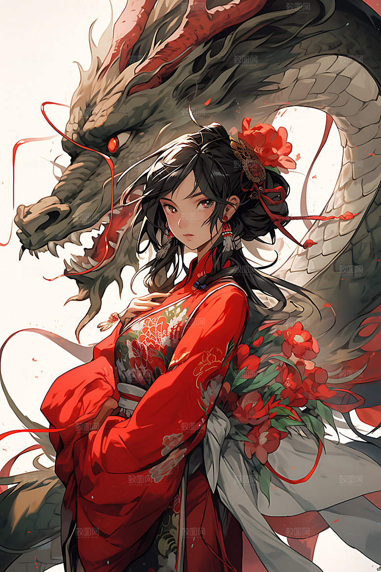 女孩和龙水墨中式插画