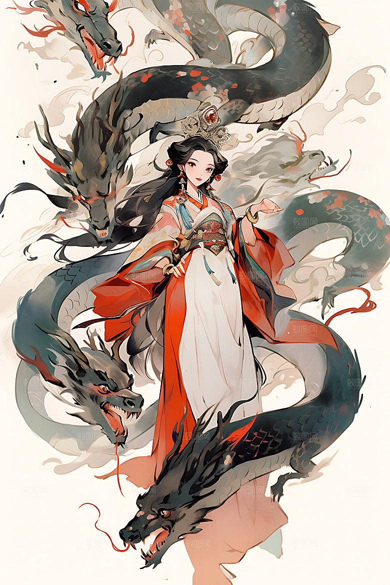 女孩和龙中国风少女插画