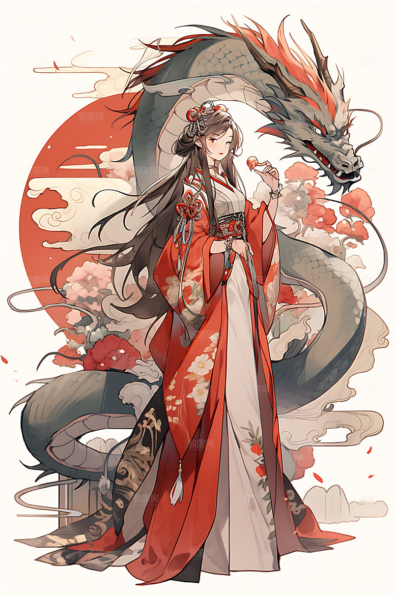 女孩和龙古风中式插画