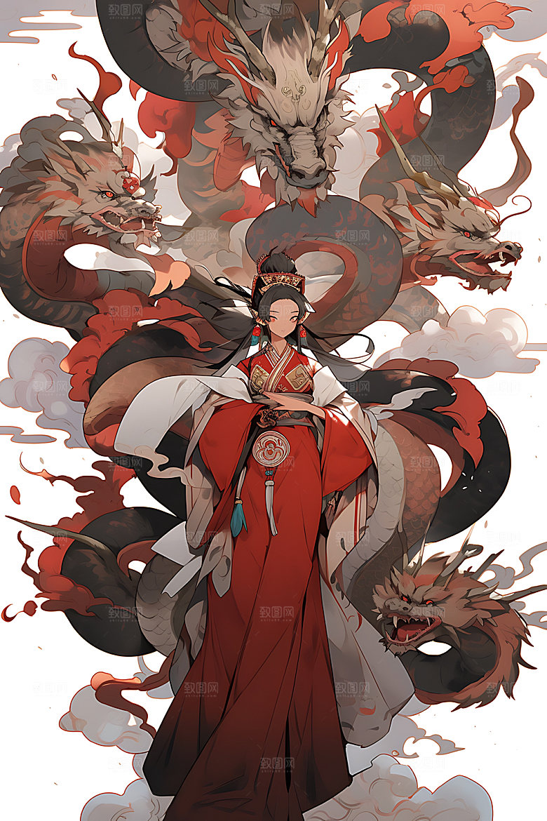 女孩和龙汉服中式插画