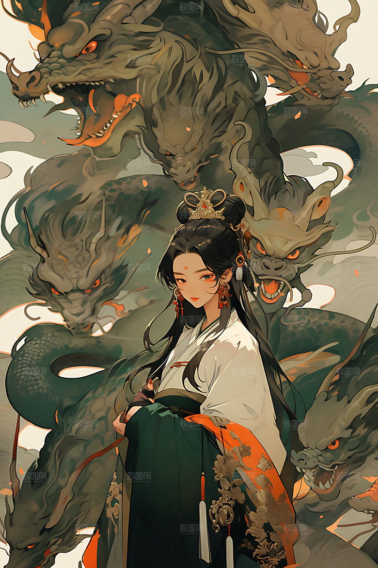 女孩和龙晕染中国风插画