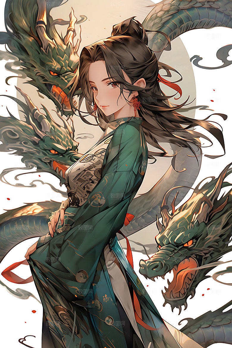 女孩和龙古风中式插画