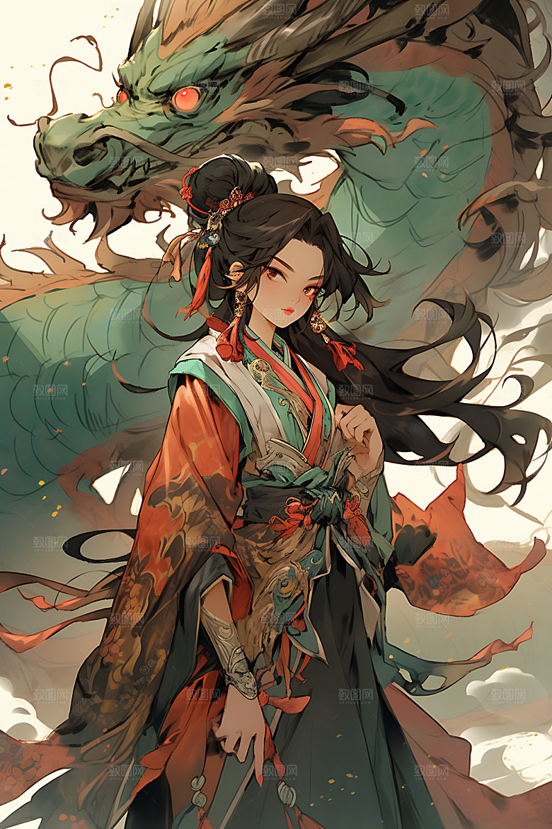 女孩和龙人物古风插画