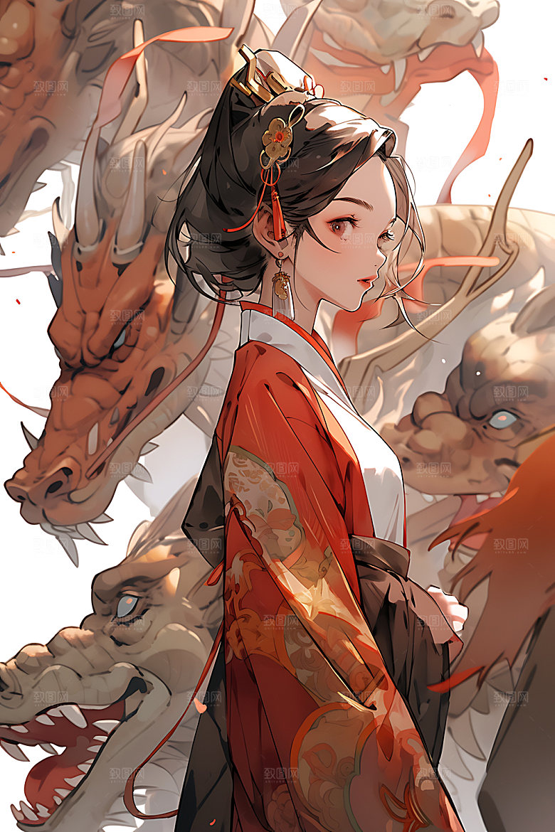 女孩和龙古风水墨插画