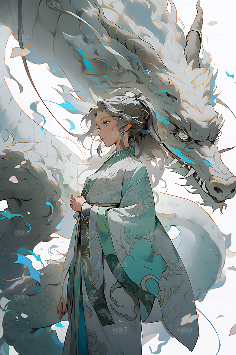 女孩和龙中式生肖插画