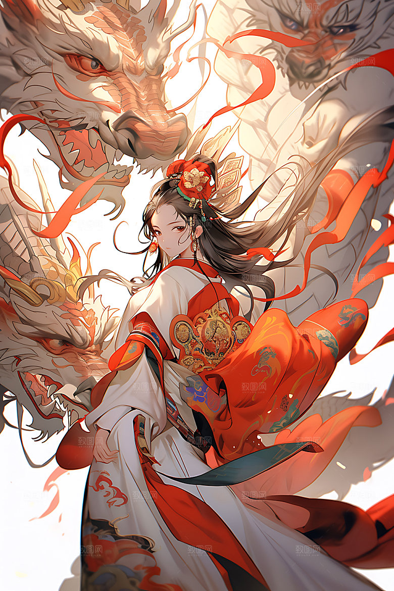 女孩和龙中式汉服插画