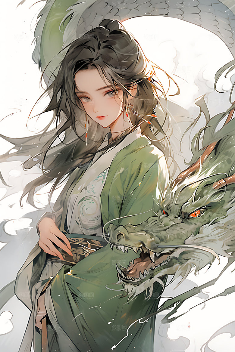 女孩和龙汉服生肖插画