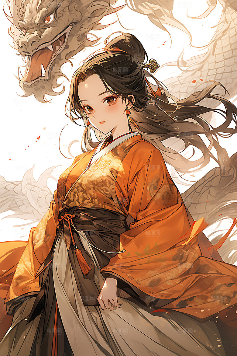 女孩和龙汉服古风插画