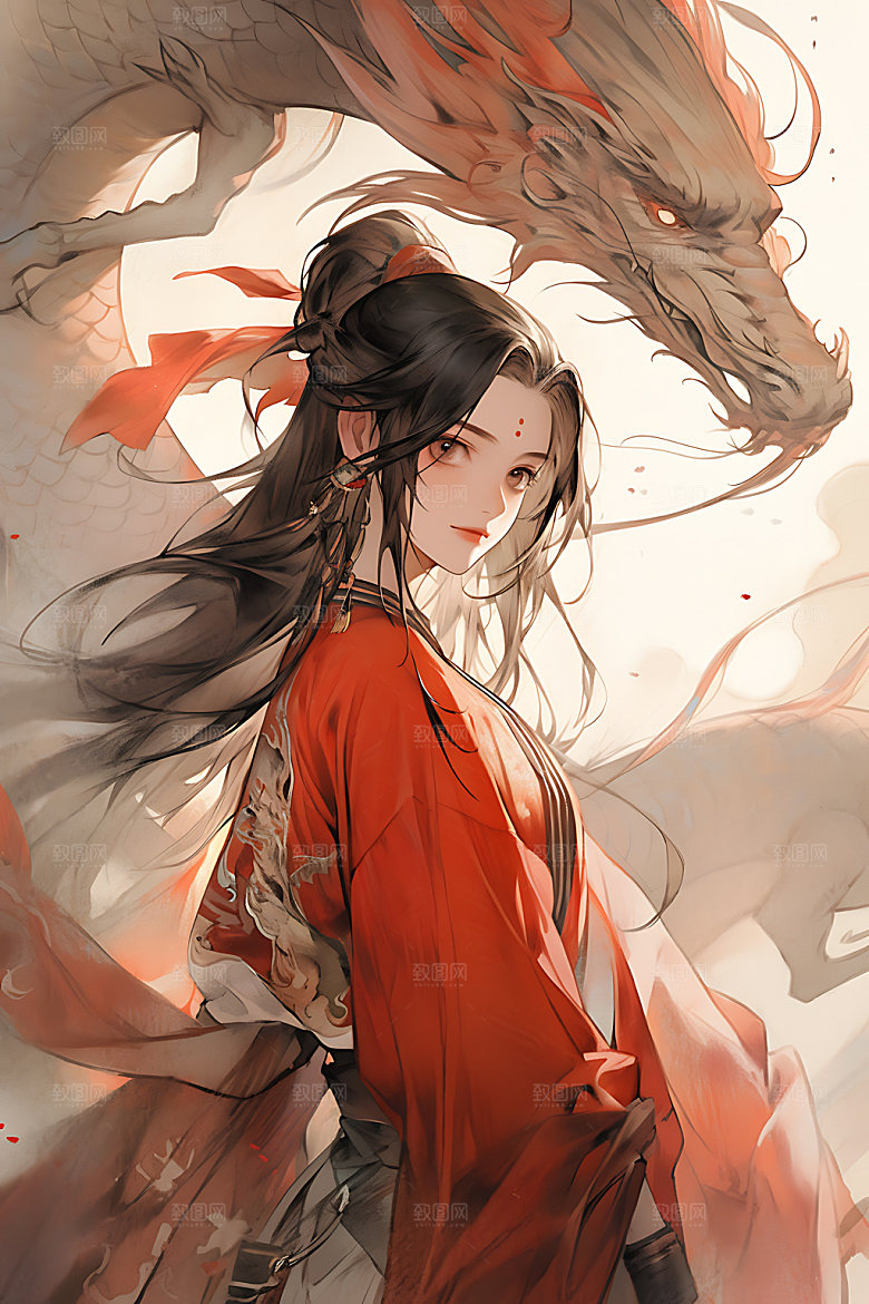 女孩和龙汉服水墨插画
