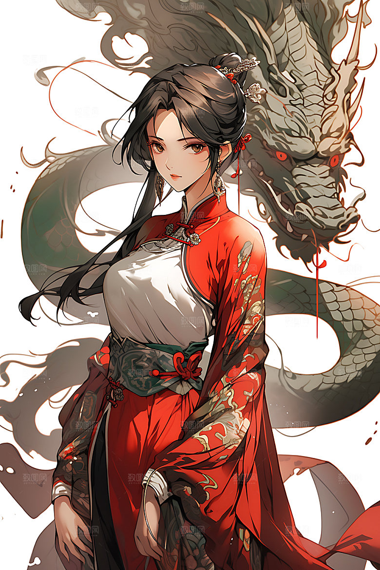 女孩和龙少女生肖插画