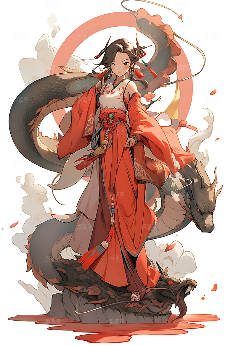 女孩和龙中式生肖插画