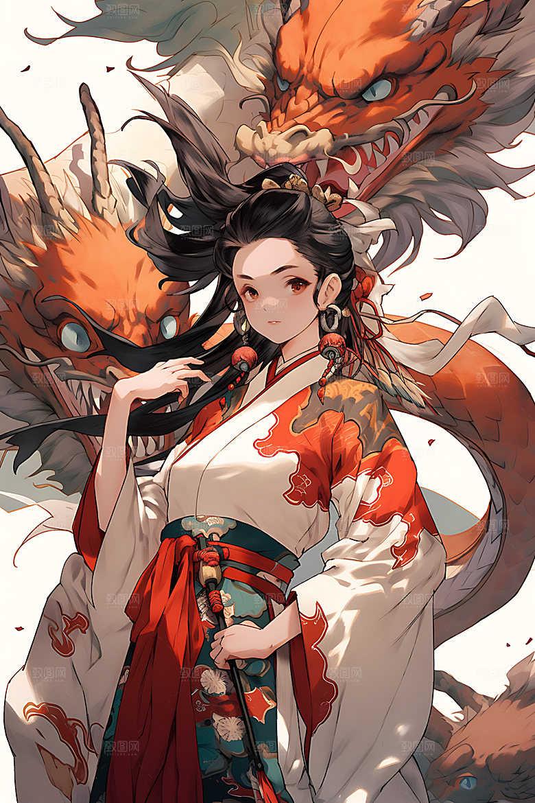 女孩和龙水墨少女插画