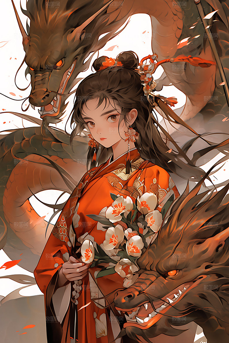 女孩和龙汉服晕染插画