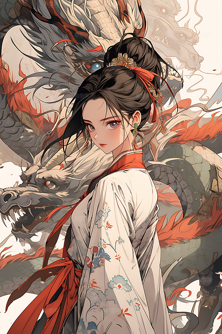 女孩和龙古风中国风插画