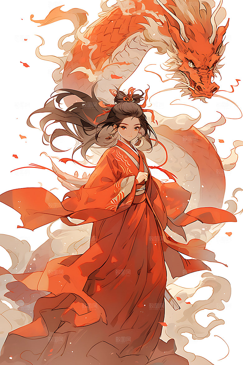 女孩和龙生肖古风插画