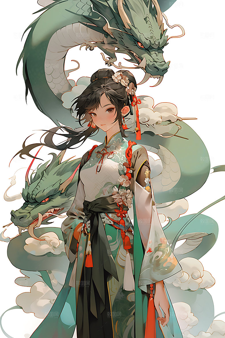 女孩和龙中式晕染插画