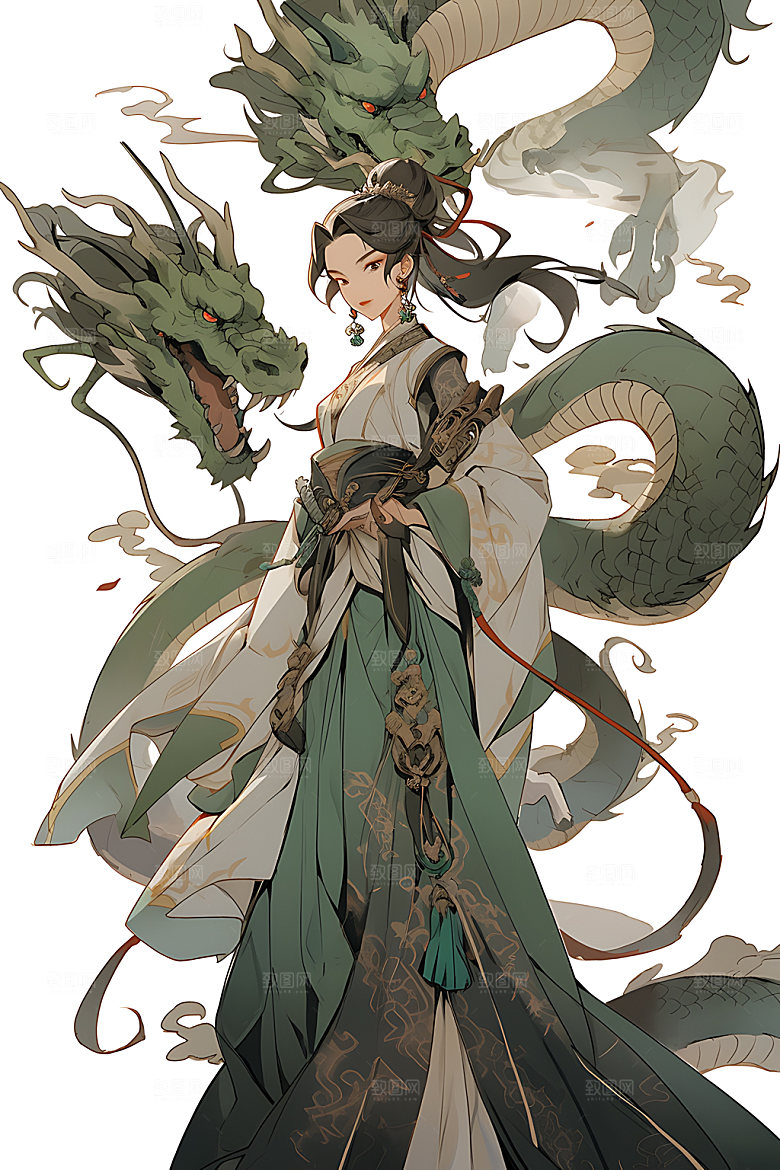 女孩和龙生肖古风插画