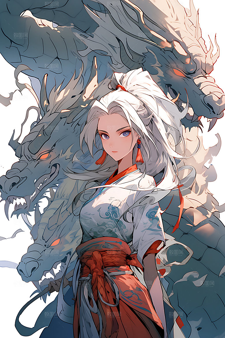 女孩和龙汉服中国风插画