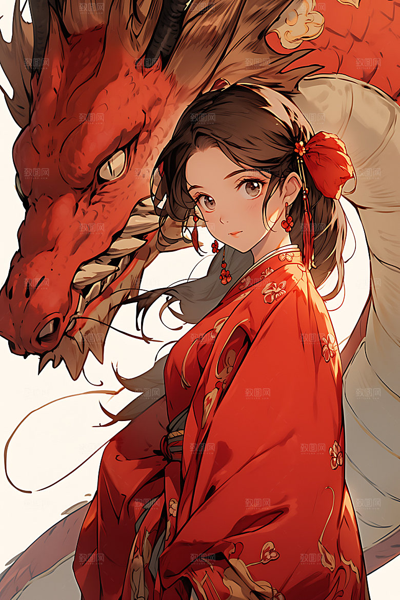女孩和龙晕染水墨插画
