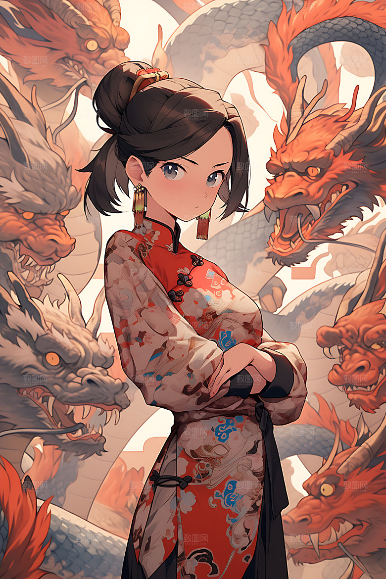 女孩和龙人物古风插画