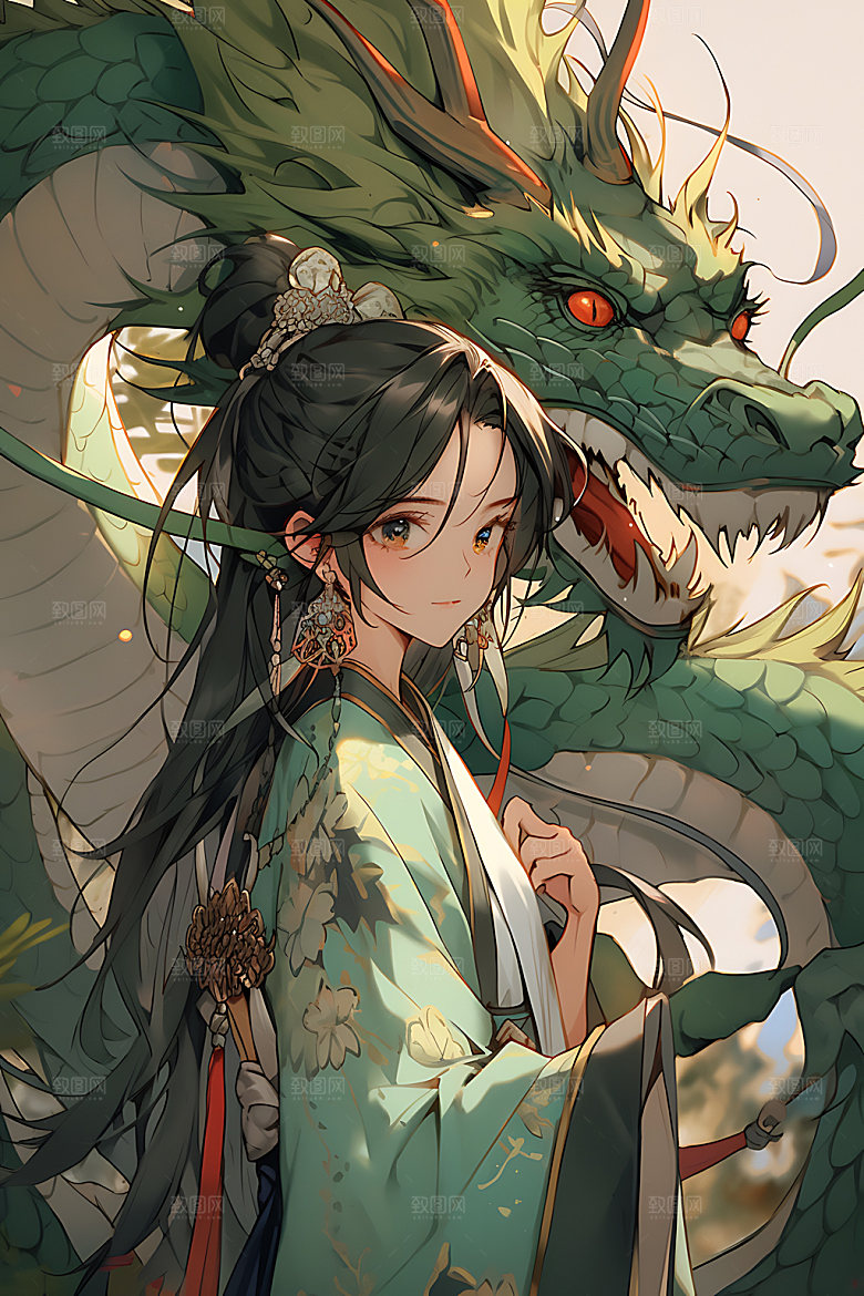女孩和龙生肖晕染插画